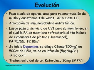 www.reeme.arizona.edu
Evolución
• Pasa a sala de operaciones para reconstrucción de
muslo y anastomosis de vasos. ASA clase III
• Aplicación de inmunoglobulina antitetánica.
• Luego pasa al servicio de UVI para su monitoreo, en
el cual la PA se mantiene refractaria al tto incluso
de expansores de plasma (Haemaccel),
PA 75/55, FC 85x´
• Se inicia Dopamina: se diluye 02amp(200mg) en
500cc de D5A, se da en infusión (5µg/Kg/x´)
26 cc/h
• Tratamiento del dolor: Ketorolaco 30mg EV PRN
 