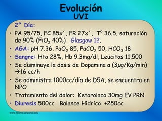 www.reeme.arizona.edu
Evolución
UVI
2° Día:
• PA 95/75, FC 85x´, FR 27x´, T° 36.5, saturación
de 90% (FiO2 40%) Glasgow 12.
• AGA: pH 7.36, PaO2 85, PaCO2 50, HCO3 18
• Sangre: Hto 28%, Hb 9.3mg/dl, Leucitos 11,500
• Se disminuye la dosis de Dopamina a (3µg/Kg/min)
16 cc/h
• Se administra 1000cc/día de D5A, se encuentra en
NPO
• Tratamiento del dolor: Ketorolaco 30mg EV PRN
• Diuresis 500cc Balance Hídrico +250cc
 