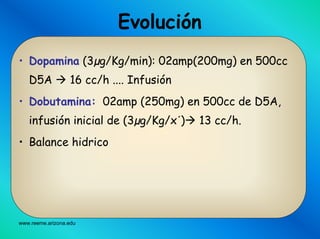 www.reeme.arizona.edu
Evolución
• Dopamina (3µg/Kg/min): 02amp(200mg) en 500cc
D5A 16 cc/h .... Infusión
• Dobutamina: 02amp (250mg) en 500cc de D5A,
infusión inicial de (3µg/Kg/x´) 13 cc/h.
• Balance hidrico
 