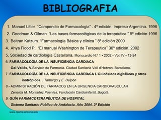 www.reeme.arizona.edu
BIBLIOGRAFIA
1. Manuel Litter “Compendio de Farmacologia” . 4º edición. Impreso Argentina. 1996
2. Goodman & Gilman “Las bases farmacológicas de la terapéutica ” 9º edición 1996
3. Beltran Katzum “Farmacología Básica y clínica ” 8º edición 2000
4. Ahya Flood P. “El manual Washington de Terapeutica” 30º edición. 2002
5. Sociedad de cardiología Castellana, Monocardio N.º 1 • 2002 • Vol. IV • 13-24
6. FARMACOLOGIA DE LA INSUFICIENCIA CARDIACA
Gol Vallés, V.Servicio de Farmacia. Ciudad Sanitaria Vall d’Hebron. Barcelona.
7. FARMACOLOGÍA DE LA INSUFICIENCIA CARDÍACA I. Glucósidos digitálicos y otros
inotrópicos. . Tamargo y E. Delpón
8.- ADMINISTRACIÓN DE FÁRMACOS EN LA URGENCIA CARDIOVASCULAR
Zenaida M. Montañez Puentes, Fundación Cardioinfantil, Bogotá.
9. GUÍA FARMACOTERAPÉUTICA DE HOSPITAL
Sistema Sanitario Público de Andalucía. Año 2004. 3ª Edición
 