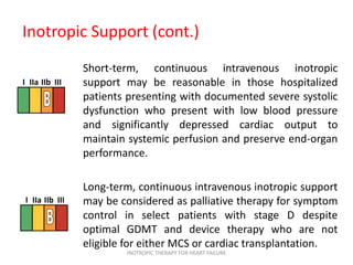 Inotropic Support (cont.)
Short-term, continuous intravenous inotropic
support may be reasonable in those hospitalized
patients presenting with documented severe systolic
dysfunction who present with low blood pressure
and significantly depressed cardiac output to
maintain systemic perfusion and preserve end-organ
performance.
Long-term, continuous intravenous inotropic support
may be considered as palliative therapy for symptom
control in select patients with stage D despite
optimal GDMT and device therapy who are not
eligible for either MCS or cardiac transplantation.
I IIa IIb III
I IIa IIb III
INOTROPIC THERAPY FOR HEART FAILURE
 