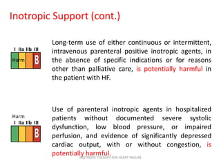 Inotropic Support (cont.)
Long-term use of either continuous or intermittent,
intravenous parenteral positive inotropic agents, in
the absence of specific indications or for reasons
other than palliative care, is potentially harmful in
the patient with HF.
Use of parenteral inotropic agents in hospitalized
patients without documented severe systolic
dysfunction, low blood pressure, or impaired
perfusion, and evidence of significantly depressed
cardiac output, with or without congestion, is
potentially harmful.
I IIa IIb III
I IIa IIb III
Harm
Harm
INOTROPIC THERAPY FOR HEART FAILURE
 