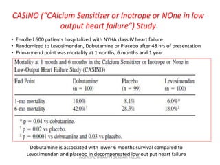 CASINO (“CAlcium Sensitizer or Inotrope or NOne in low
output heart failure”) Study
• Enrolled 600 patients hospitalized with NYHA class IV heart failure
• Randomized to Levosimendan, Dobutamine or Placebo after 48 hrs of presentation
• Primary end point was mortality at 1months, 6 months and 1 year
Dobutamine is associated with lower 6 months survival compared to
Levosimendan and placebo in decompensated low out put heart failureINOTROPIC THERAPY FOR HEART FAILURE
 