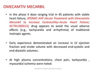 OMECAMTIV MECARBIL
• In the phase II dose ranging trial in 45 patients with stable
heart failure, ATOMIC AHF (Acute Treatment with Omecamtiv
Mecarbil to Increase Contractility–Acute Heart Failure;
NCT01300013), drug appears to avoid the usual adverse
effects (e.g., tachycardia and arrhythmia) of traditional
inotropic agents.
• Early experience demonstrated an increase in LV ejection
fraction and stroke volume with decreased end-systolic and
end-diastolic volumes.
• At high plasma concentrations, chest pain, tachycardia ,
myocardial ischemia were noted.
INOTROPIC THERAPY FOR HEART FAILURE
 