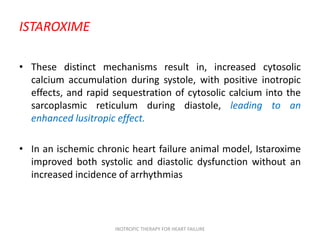 ISTAROXIME
• These distinct mechanisms result in, increased cytosolic
calcium accumulation during systole, with positive inotropic
effects, and rapid sequestration of cytosolic calcium into the
sarcoplasmic reticulum during diastole, leading to an
enhanced lusitropic effect.
• In an ischemic chronic heart failure animal model, Istaroxime
improved both systolic and diastolic dysfunction without an
increased incidence of arrhythmias
INOTROPIC THERAPY FOR HEART FAILURE
 