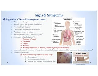Signs & Symptoms
Suppression of Normal Hematopoiesis causes:
o Weakness or Fatigue2
o Anemia (pallor, tachycardia, headache)8
o Fever or Night Sweats2
o Unexpected weight loss or anorexia2
o Pain in the bones or joints2
o Swelling or discomfort in the abdomen2
o Symptoms of an Infection2,8
:
v Shortness of breath
v Chest pain
v Cough
v Vomiting
v Swollen lymph nodes of the neck, armpit, or groin (usually painless)
o Increased risk and frequency of infections (especially bacterial infections like pneumonia due to neutropenia)8
o Thrombocytopenia2
:
v Increased tendency to bruise or bleed easily
Ø Bleeding gums
Ø Purplish patches in the skin
Ø Petechiae [flat, pinpoint spots under the skin]
Doctors Health Press
Consumer Health Digest
 