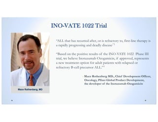 INO-VATE 1022 Trial
“ALL that has recurred after, or is refractory to, first-line therapy is
a rapidly progressing and deadly disease,”3
“Based on the positive results of the INO-VATE 1022 Phase III
trial, we believe Inotuzumab Ozogamicin, if approved, represents
a new treatment option for adult patients with relapsed or
refractory B-cell precursor ALL.”3
- Mace Rothenberg MD., Chief Development Officer,
Oncology, Pfizer Global Product Development,
the developer of the Inotuzumab Ozogamicin
 