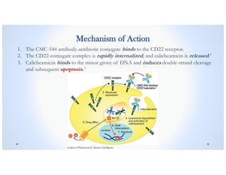 Mechanism of Action
1. The CMC-544 antibody-antibiotic conjugate binds to the CD22 receptor.
2. The CD22-conjugate complex is rapidly internalized, and calicheamicin is released.1
3. Calicheamicin binds to the minor grove of DNA and induces double-strand cleavage
and subsequent apoptosis.1
Leaders in Pharmaceutical Business Intelligence
 
