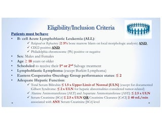 Eligibility/Inclusion Criteria
Patients must be/have:
• B- cell Acute Lymphoblastic Leukemia (ALL):
ü Relapsed or Refractory (≥ 5% bone marrow blasts on local morphologic analysis) AND
ü CD22-positive AND
ü Philadelphia chromosome (Ph) positive or negative
• Sex: Males and Females
• Age ≥ 18 years or older
• Scheduled to receive their 1st or 2nd Salvage treatment
• Lymphoblastic Lymphoma (except Burkitt Lymphoma)
• Eastern Cooperative Oncology Group performance status: ≤ 2
• Adequate Hepatic Function:
ü Total Serum Bilirubin ≤ 1.5 x Upper Limit of Normal [ULN] (except for documented
Gilbert Syndrome: ≤ 2 x ULN for hepatic abnormalities considered tumor-related)
ü Alanine Aminotransferase [ALT] and Aspartate Aminotransferase [AST]: ≤ 2.5 x ULN
ü Serum Creatinine [SCr] ≤ 2.5 x ULN OR Creatinine Clearance [CrCl] ≥ 40 mL/min
associated with ANY Serum Creatinine [SCr] level
 