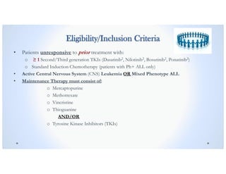 Eligibility/Inclusion Criteria
• Patients unresponsive to prior treatment with:
o ≥ 1 Second/Third generation TKIs (Dasatinib2, Nilotinib2, Bosutinib2, Ponatinib2)
o Standard Induction Chemotherapy (patients with Ph+ ALL only)
• Active Central Nervous System (CNS) Leukemia OR Mixed Phenotype ALL
• Maintenance Therapy must consist of:
o Mercaptopurine
o Methotrexate
o Vincristine
o Thioguanine
AND/OR
o Tyrosine Kinase Inhibitors (TKIs)
 