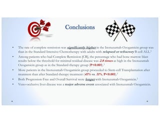 Conclusions
• The rate of complete remission was significantly higher in the Inotuzumab Ozogamicin group was
than in the Standard Intensive Chemotherapy with adults with relapsed or refractory B-cell ALL.1
• Among patients who had Complete Remission [CR], the percentage who had bone marrow blast
results below the threshold for minimal residual disease was 2.8 times as high in the Inotuzumab
Ozogamicin group as in the Standard-therapy group (P<0.001).1
• More patients in the Inotuzumab Ozogamicin group proceeded to Stem-cell Transplantation after
treatment than after Standard-therapy treatment (41% vs. 11%, P<0.001).1
• Both Progression-Free and Overall Survival were longer with Inotuzumab Ozogamicin.1
• Veno-occlusive liver disease was a major adverse event associated with Inotuzumab Ozogamicin.
 
