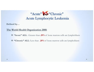 “Acute” “Chronic”
Acute Lymphocytic Leukemia
Defined by…
The World Health Organization 2008:
v “Acute” ALL: Greater than 20% of bone marrow cells are lymphoblasts
v “Chronic” ALL: Less than 20% of bone marrow cells are lymphoblasts
 