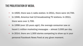 • In 1920, there was 1 radio station. In 2011, there were 14,700.
• In 1946, America had 12 broadcasting TV stations. In 2...