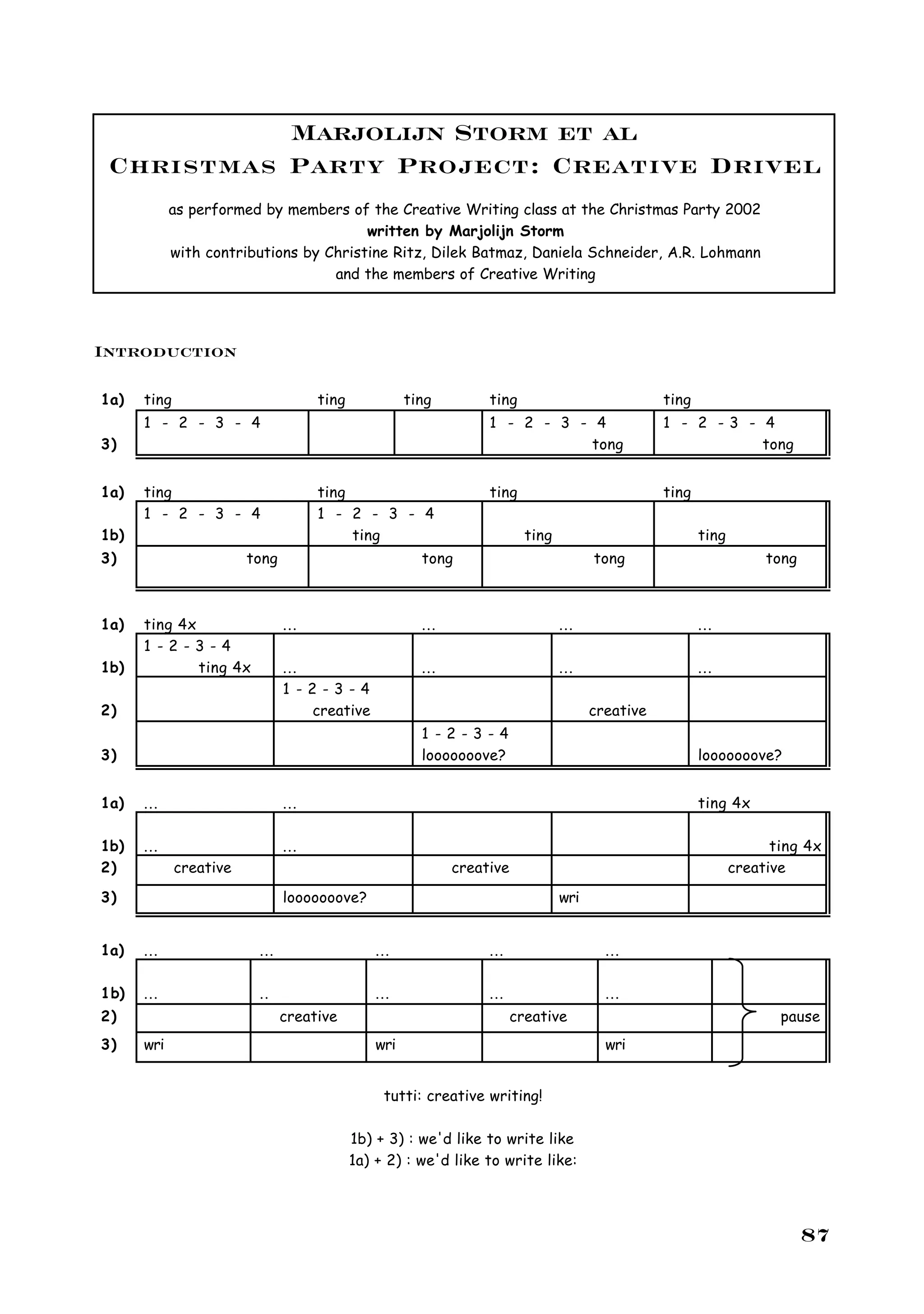 Marjolijn Storm et al
 Christmas Party Project: Creative Drivel
            as performed by members of the Creative Writing class at the Christmas Party 2002
                                        written by Marjolijn Storm
            with contributions by Christine Ritz, Dilek Batmaz, Daniela Schneider, A.R. Lohmann
                                   and the members of Creative Writing




Introduction

1a)   ting                           ting             ting         ting                            ting
      1 - 2 - 3 - 4                                                1 - 2 - 3 - 4                   1 - 2 -3 - 4
3)                                                                             tong                           tong


1a)   ting                           ting                          ting                            ting
      1 - 2 - 3 - 4                  1 - 2 - 3 - 4
1b)                                       ting                             ting                           ting
3)                      tong                            tong                            tong                          tong



1a)   ting 4x                  ...                      ...                       ...                     ...
      1 -2-3-4
1b)           ting 4x          ...                      ...                       ...                     ...
                               1 -2-3-4
2)                                 creative                                             creative
                                                        1 -2-3-4
3)                                                      looooooove?                                       looooooove?


1a)   ...                      ...                                                                        ting 4x

1b)   ...                      ...                                                                                     ting 4x
2)           creative                                         creative                                           creative

3)                             looooooove?                                        wri


1a)   ...                ...                    ...                ...                    ...

1b)   ...                ..                     ...                ...                    ...
2)                             creative                                  creative                                       pause
3)    wri                                       wri                                       wri


                                                 tutti: creative writing!

                                            1b) + 3) : we'd like to write like
                                            1a) + 2) : we'd like to write like:




                                                                                                                             87
 