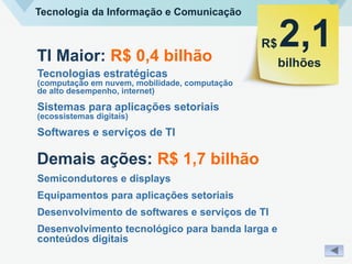 TI Maior: R$ 0,4 bilhão
Tecnologias estratégicas
(computação em nuvem, mobilidade, computação
de alto desempenho, internet)
Sistemas para aplicações setoriais
(ecossistemas digitais)
Softwares e serviços de TI
Demais ações: R$ 1,7 bilhão
Tecnologia da Informação e Comunicação
Semicondutores e displays
Equipamentos para aplicações setoriais
Desenvolvimento de softwares e serviços de TI
Desenvolvimento tecnológico para banda larga e
conteúdos digitais
R$
bilhões
2,1
 