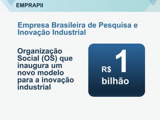 Empresa Brasileira de Pesquisa e
Inovação Industrial
Organização
Social (OS) que
inaugura um
novo modelo
para a inovação
industrial
EMPRAPII
R$ 1bilhão
 