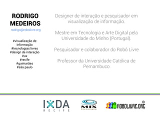 RODRIGO                 Designer de interação e pesquisador em
                             visualização de informação.
MEDEIROS
rodrigo@robolivre.org
                        Mestre em Tecnologia e Arte Digital pela
  #visualização de
                          Universidade do Minho (Portugal).
    informação
 #tecnologias livres
#design de interação
                        Pesquisador e colaborador do Robô Livre
        #ux
       #recife
    #guimarães
                         Professor da Universidade Católica de
     #são paulo             Pernambuco e Faculdade IBGM
 