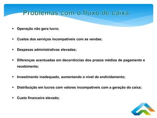  Operação não gera lucro;
 Custos dos serviços incompatíveis com as vendas;
 Despesas administrativas elevadas;
 Diferenças acentuadas em decorrências dos prazos médios de pagamento e
recebimento;
 Investimento inadequado, aumentando o nível de endividamento;
 Distribuição em lucros com valores incompatíveis com a geração do caixa;
 Custo financeiro elevado;
 
