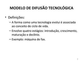 MODELO DE DIFUSÃO TECNOLÓGICA

• Definições:
  – A forma como uma tecnologia evolui é associada
    ao conceito de ciclo de vida.
  – Envolve quatro estágios: introdução, crescimento,
    maturação e declínio.
  – Exemplo: máquina de fax.




                                                    7
 