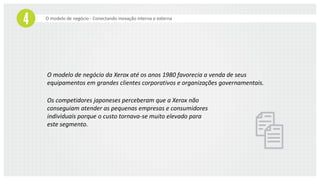 O modelo de negócio - Conectando inovação interna e externa
O modelo de negócio da Xerox até os anos 1980 favorecia a venda de seus
equipamentos em grandes clientes corporativos e organizações governamentais.
Os competidores japoneses perceberam que a Xerox não
conseguiam atender as pequenas empresas e consumidores
individuais porque o custo tornava-se muito elevado para
este segmento.
 