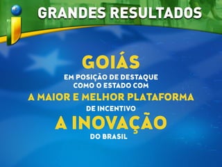 EM POSIÇÃO DE DESTAQUE
COMO O ESTADO COM
GOIÁS
A INOVAÇÃO
DO BRASIL
A MAIOR E MELHOR PLATAFORMA
DE INCENTIVO
GRANDES RESULTADOS
 