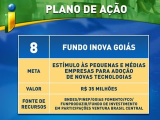 8 FUNDO INOVA GOIÁS
META
ESTÍMULO ÀS PEQUENAS E MÉDIAS
EMPRESAS PARA ADOÇÃO
DE NOVAS TECNOLOGIAS
VALOR R$ 35 MILHÕES
FONTE DE
RECURSOS
BNDES/FINEP/GOIAS FOMENTO/FCO/
FUNPRODUZIR/FUNDO DE INVESTIMENTO
EM PARTICIPAÇÕES VENTURA BRASIL CENTRAL
PLANO DE AÇÃO
 