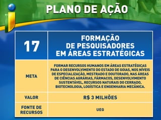 17
FORMAÇÃO
DE PESQUISADORES
EM ÁREAS ESTRATÉGICAS
META
FORMAR RECURSOS HUMANOS EM ÁREAS ESTRATÉGICAS
PARA O DESENVOLVIMENTO DO ESTADO DE GOIAS, NOS NÍVEIS
DE ESPECIALIZAÇÃO, MESTRADO E DOUTORADO, NAS ÁREAS
DE CIÊNCIAS AGRÁRIAS, FÁRMACOS, DESENVOLVIMENTO
SUSTENTÁVEL, RECURSOS NATURAIS DO CERRADO,
BIOTECNOLOGIA, LOGÍSTICA E ENGENHARIA MECÂNICA. 
VALOR R$ 3 MILHÕES
FONTE DE
RECURSOS
UEG
PLANO DE AÇÃO
 