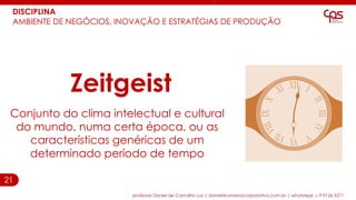 21
DISCIPLINA
AMBIENTE DE NEGÓCIOS, INOVAÇÃO E ESTRATÉGIAS DE PRODUÇÃO
Zeitgeist
Conjunto do clima intelectual e cultural
do mundo, numa certa época, ou as
características genéricas de um
determinado período de tempo
professor Daniel de Carvalho Luz | daniel@universocorporativo.com.br | whatsApp 15 9 9126 5571
 