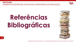 23
DISCIPLINA
AMBIENTE DE NEGÓCIOS, INOVAÇÃO E ESTRATÉGIAS DE PRODUÇÃO
Referências
Bibliográficas
professor Daniel de Carvalho Luz | daniel@universocorporativo.com.br | whatsApp 15 9 9126 5571
 