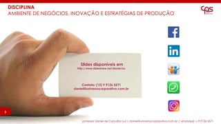 3
DISCIPLINA
AMBIENTE DE NEGÓCIOS, INOVAÇÃO E ESTRATÉGIAS DE PRODUÇÃO
professor Daniel de Carvalho Luz | daniel@universocorporativo.com.br | whatsApp 15 9 9126 5571
Slides disponíveis em
http://www.slideshare.net/daniel.luz
Contato: (15) 9 9126 5571
daniel@universocorporativo.com.br
3
 