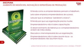32
DISCIPLINA
AMBIENTE DE NEGÓCIOS, INOVAÇÃO E ESTRATÉGIAS DE PRODUÇÃO
professor Daniel de Carvalho Luz | daniel@universocorporativo.com.br | whatsApp 15 9 9126 5571
Entenda como os empreendedores pensam e trabalham.
Leia sobre empresas empreendedoras de sucesso.
Leia por que as empresas “perderam o barco”.
Entenda por que sua organização precisa mudar.
Empreendedorismo não é sobre capacitação.
O desenvolvimento de liderança e o empreendedorismo
andam de mãos dadas.
Descubra o nível empresarial da sua organização.
Empreendedorismo não é sobre assumir riscos - os
empreendedores não assumem riscos.
 