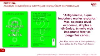 34
DISCIPLINA
AMBIENTE DE NEGÓCIOS, INOVAÇÃO E ESTRATÉGIAS DE PRODUÇÃO
professor Daniel de Carvalho Luz | daniel@universocorporativo.com.br | whatsApp 15 9 9126 5571
“Antigamente, o que
importava era ter respostas.
Mas, na nossa atual
economia, simples e
dinâmica, é muito mais
importante fazer as
perguntas certas.
_Eric Ries, autor de A Startup Enxuta,
best-seller do The New York Times
 