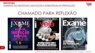 38
DISCIPLINA
AMBIENTE DE NEGÓCIOS, INOVAÇÃO E ESTRATÉGIAS DE PRODUÇÃO
professor Daniel de Carvalho Luz | daniel@universocorporativo.com.br | whatsApp 15 9 9126 5571
CHAMADO PARA REFLEXÃO
 