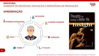 4
SER OU ESTAR
FORMAÇÃO
A GRANDE CONQUISTAEXPERIÊNCIA PROFISSIONAL
15 9 9126 5571HOBBIES
SKILLS
APRESENTAÇÃO
DISCIPLINA
AMBIENTE DE NEGÓCIOS, INOVAÇÃO E ESTRATÉGIAS DE PRODUÇÃO
professor Daniel de Carvalho Luz | daniel@universocorporativo.com.br | whatsApp 15 9 9126 5571
 