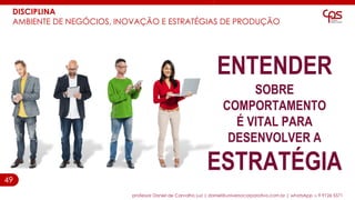 49
DISCIPLINA
AMBIENTE DE NEGÓCIOS, INOVAÇÃO E ESTRATÉGIAS DE PRODUÇÃO
professor Daniel de Carvalho Luz | daniel@universocorporativo.com.br | whatsApp 15 9 9126 5571
ENTENDER
SOBRE
COMPORTAMENTO
É VITAL PARA
DESENVOLVER A
ESTRATÉGIA
 