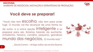 6
DISCIPLINA
AMBIENTE DE NEGÓCIOS, INOVAÇÃO E ESTRATÉGIAS DE PRODUÇÃO
professor Daniel de Carvalho Luz | daniel@universocorporativo.com.br | whatsApp 15 9 9126 5571
Você deve se preparar!
“Você não tem escolha, não tem para onde
fugir. O mundo vai lhe alcançar de uma forma ou
de outra, e a única opção inteligente é se
preparar para ele. Estamos falando do excitante,
enfadonho, heroico, canalha, pequeno, grandioso
mundo dos negócios. O mundo real.”
_ David Cohen – Antigo editor da revista Exame
 