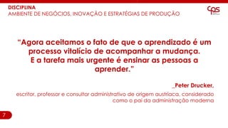 7
DISCIPLINA
AMBIENTE DE NEGÓCIOS, INOVAÇÃO E ESTRATÉGIAS DE PRODUÇÃO
“Agora aceitamos o fato de que o aprendizado é um
processo vitalício de acompanhar a mudança.
E a tarefa mais urgente é ensinar as pessoas a
aprender.”
_Peter Drucker,
escritor, professor e consultor administrativo de origem austríaca, considerado
como o pai da administração moderna
 
