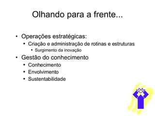 Olhando para a frente... Operações estratégicas: Criação e administração de rotinas e estruturas Surgimento da inovação Gestão do conhecimento Conhecimento Envolvimento Sustentabilidade 