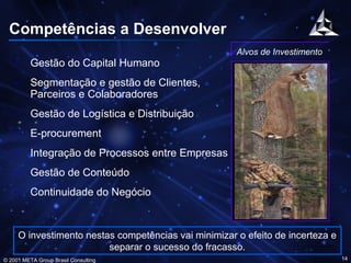 Competências a Desenvolver Gestão do Capital Humano Segmentação e gestão de Clientes, Parceiros e Colaboradores Gestão de Logística e Distribuição E-procurement Integração de Processos entre Empresas Gestão de Conteúdo Continuidade do Negócio Alvos de Investimento O investimento nestas competências vai minimizar o efeito de incerteza e separar o sucesso do fracasso. 