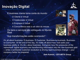 Inovação Digital E-business mania toma conta do mundo O Cliente é Virtual O Colaborador é Virtual A Empresa é Virtual A Concorrência está a um click do mouse Os bens e serviços são entregues no Mundo Real Que transformações estão ocorrendo? It's all about business. E-business. E-Customer. Business-to-business. Business-to-Consumer. At the end of the day, it's really all about how rock-solid your business ability is. It's ALL about business. And given how the pressures of the networked, digital economy are transforming information into the new business gold -- while a worldwide   customer revolution is driving rapid business change -- your company better be prepared. Dale Kutnick - CEO META Group 