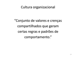 Cultura organizacional


“Conjunto de valores e crenças
  compartilhados que geram
  certas regras e padrões de
      comportamento.”



                                 23
 
