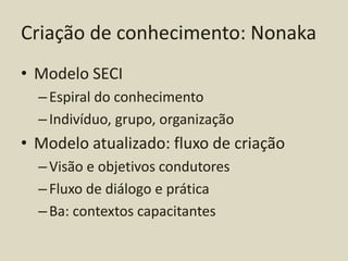 Criação de conhecimento: Nonaka
• Modelo SECI
  – Espiral do conhecimento
  – Indivíduo, grupo, organização
• Modelo atualizado: fluxo de criação
  – Visão e objetivos condutores
  – Fluxo de diálogo e prática
  – Ba: contextos capacitantes
 