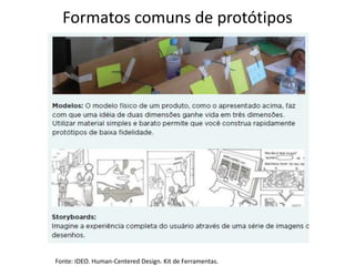 Formatos comuns de protótipos




Fonte: IDEO. Human-Centered Design. Kit de Ferramentas.
 