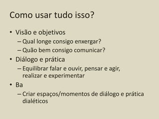 Como usar tudo isso?
• Visão e objetivos
  – Qual longe consigo enxergar?
  – Quão bem consigo comunicar?
• Diálogo e prática
  – Equilibrar falar e ouvir, pensar e agir,
    realizar e experimentar
• Ba
  – Criar espaços/momentos de diálogo e prática
    dialéticos
 