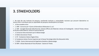 3. STAKEHOLDERS
• No total são oito institutos de pesquisa, envolvendo institutos e universidades nacionais que possuem laboratórios no
Science Park e contribuem para as capacidades de pesquisa interdisciplinar do Parque.
• A lista completa inclui:
• 1. CBM - Consorzio per il Centro di Biomedicina Molecolare S.c.ar.l.
• 2. CNR - Consiglio Nazionale delle Ricerche: (Istituto Officina dei Materiali; Istituto di Cristallografia - Unità di Trieste; Istituto
di Struttura della Materia; Istituto di Scienze Marine)
• 3. Consorzio Interuniversitario per le Biotecnologie
• 4. Elettra Sincrotrone Trieste
• 5. FIF - Fondazione Italiana Fegato Onlus
• 6. Fondazione Istituto Tecnico Superiore per le Nuove Tecnologie della Vita Alessandro Volta
• 7. ICGEB - Centro Internacional de Engenharia Genética e Biotecnologia
• 8. INFN - Istituto Nazionale di Fisica Nucleare - Sezione di Trieste.
 