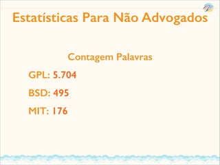 Estatísticas Para Não Advogados
Contagem Palavras
GPL: 5.704
BSD: 495
MIT: 176

 