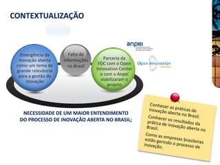 CONTEXTUALIZAÇÃO



   Emergência da       Falta de
  inovação aberta    informações      Parceria da
 como um tema de                    FDC com o Open
                       no Brasil
 grande relevância                 Innovation Center
  para a gestão da                   e com a Anpei
     inovação                        viabilizaram o
                                        projeto




   NECESSIDADE DE UM MAIOR ENTENDIMENTO
  DO PROCESSO DE INOVAÇÃO ABERTA NO BRASIL;
 