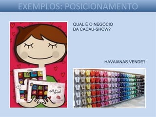 EXEMPLOS: POSICIONAMENTO
           QUAL É O NEGÓCIO
           DA CACAU-SHOW?




                       HAVAIANAS VENDE?
 