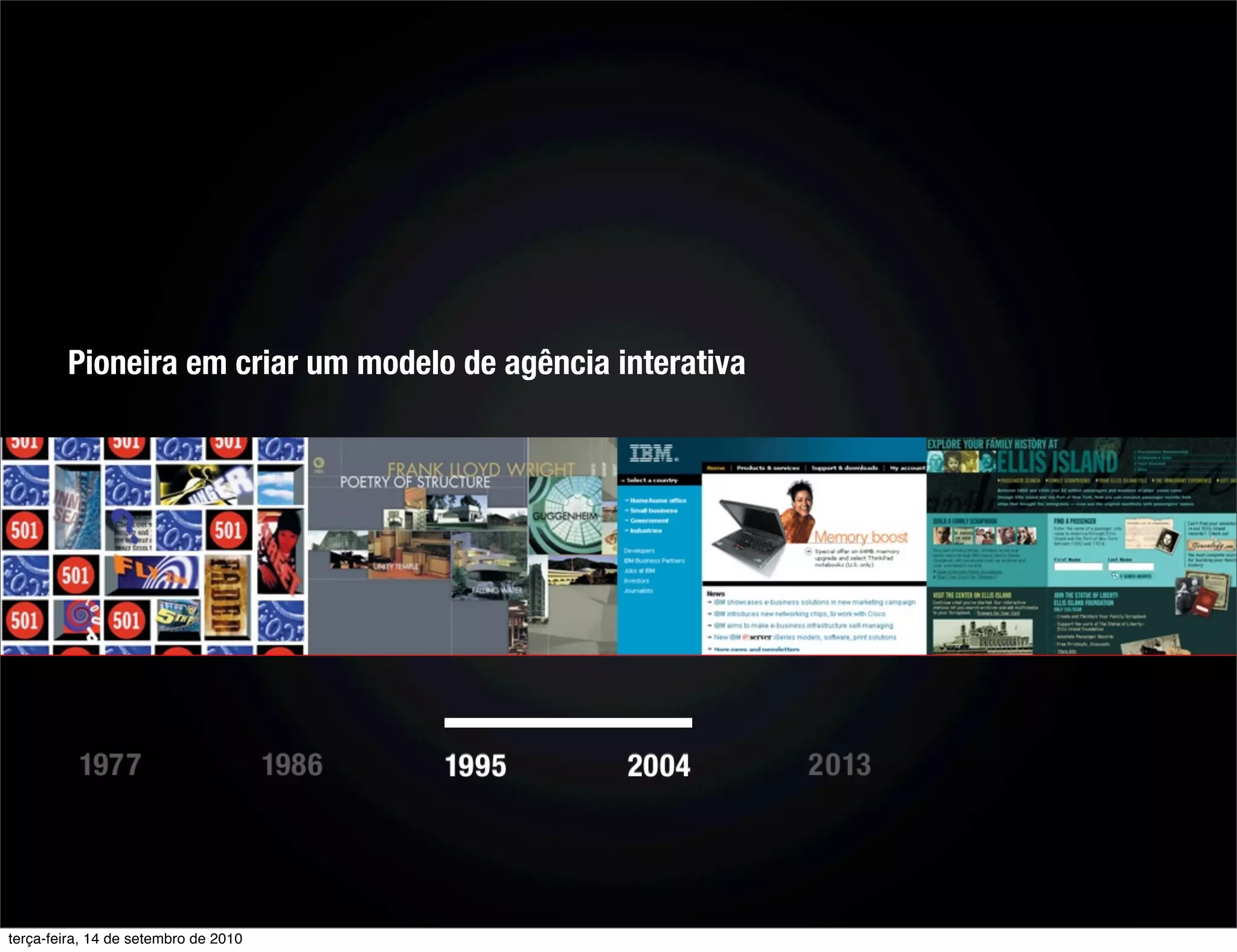 Pioneira em criar um modelo de agência interativa




terça-feira, 14 de setembro de 2010
 