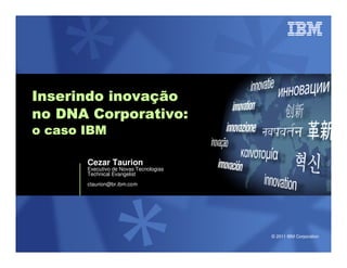 inovaç
Inserindo inovação
no DNA Corporativo:
o caso IBM

       Cezar Taurion
       Executivo de Novas Tecnologias
       Technical Evangelist
       ctaurion@br.ibm.com




                                        © 2011 IBM Corporation
 